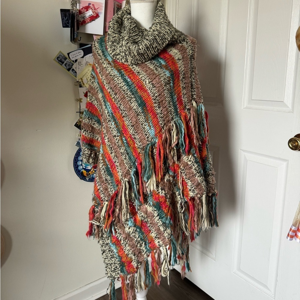Anthropologie Rainbow Poncho with Fringe